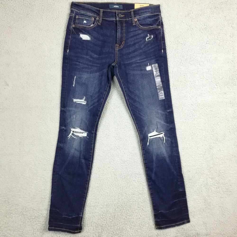 Aero Mens Jeans Skinny Blue Denim Destroyed Dark Wash‎ Whiskering 30x32 New